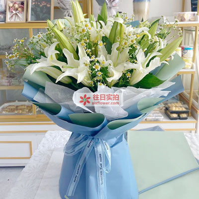 广安8支白色多头百合洋甘菊,互倾的思念